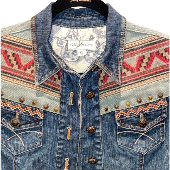 COLDWATER CREEK ( S P ) TRIBAL SOUTHWEST BRASS STUDDED JEAN JACKET BUTTON FRONT - Picture 6 of 10